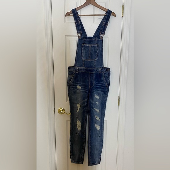 Dollhouse Distressed Denim Skinny Overalls - Picture 2 of 8